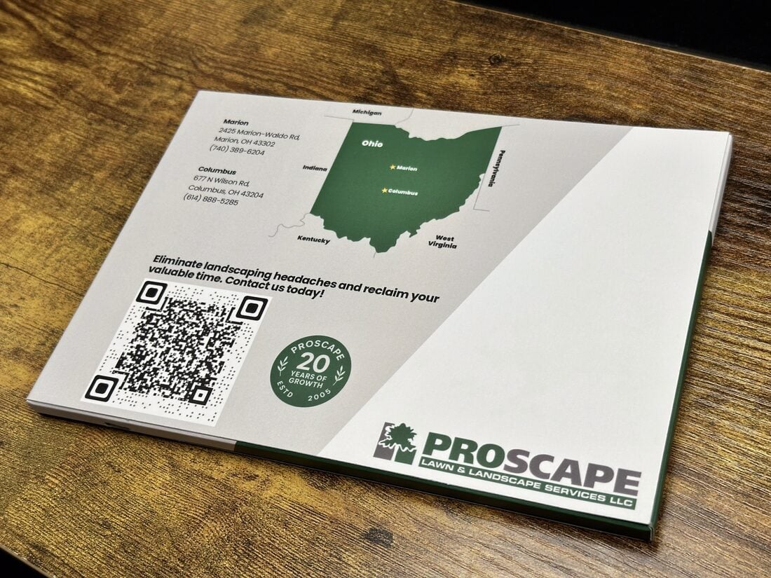 Mailer back cover with Ohio office map, QR code, and 20-year seal